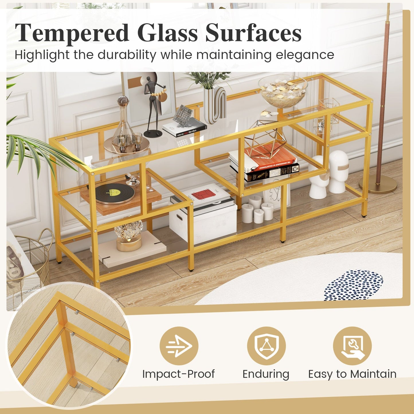 Mueble de TV de 58 pulgadas con estantes de cristal templado para sala de estar - Dorado