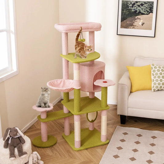 58 Inch Floral Pink Cat Tree Tower with lime platforms and multi-level design, 2 cats in view on Tampa Home & Garden Store