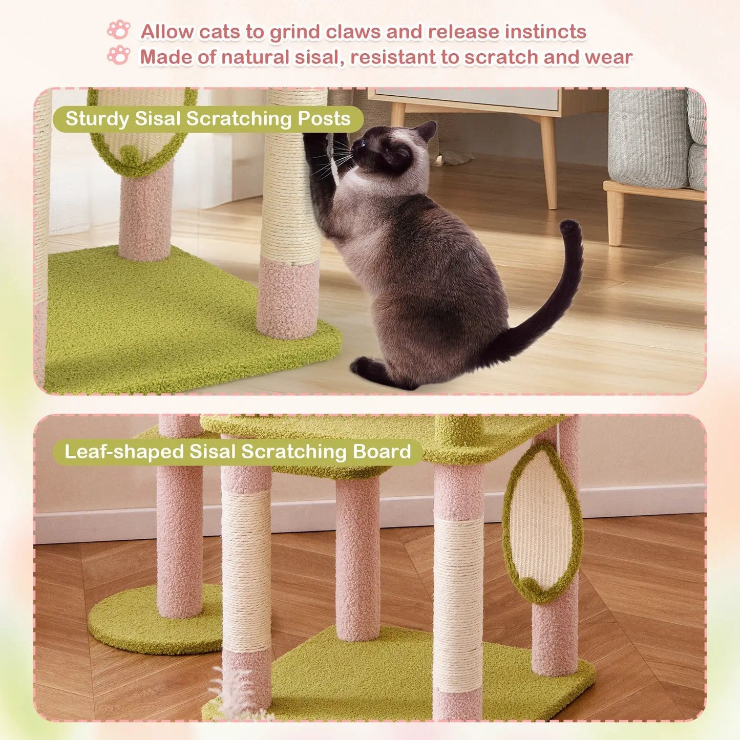 58 Inch Tall Floral Pink Cat Tree Tower with pink sisal posts and green carpeted bases on Tampa Home & Garden Store
