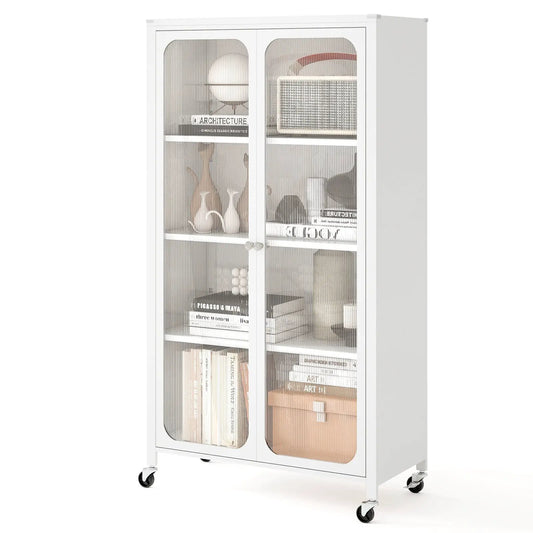 58 Inch white bookcase by DirectDeals on casters with glass doors and adjustable shelves on Tampa Home & Garden Store