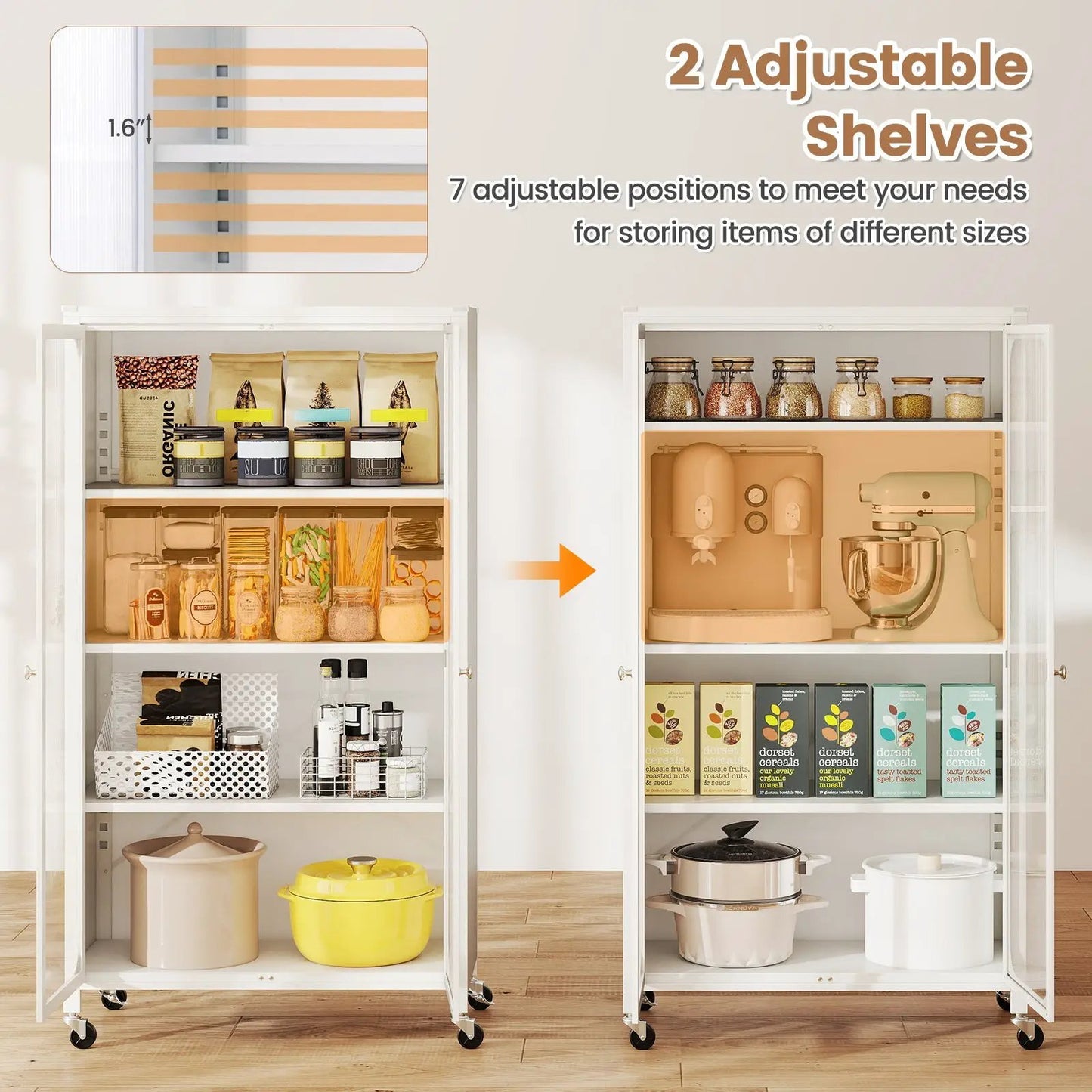 Pair of 58-inch white bookcases with adjustable shelves on casters on Tampa Home & Garden Store