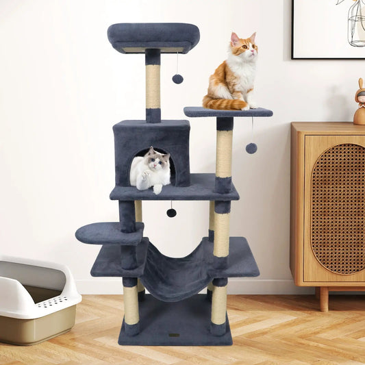 58 Inch Multi Level Cat Tree With Padded Perch blue-gray plush, sisal posts, two cats on levels on Tampa Home & Garden Store