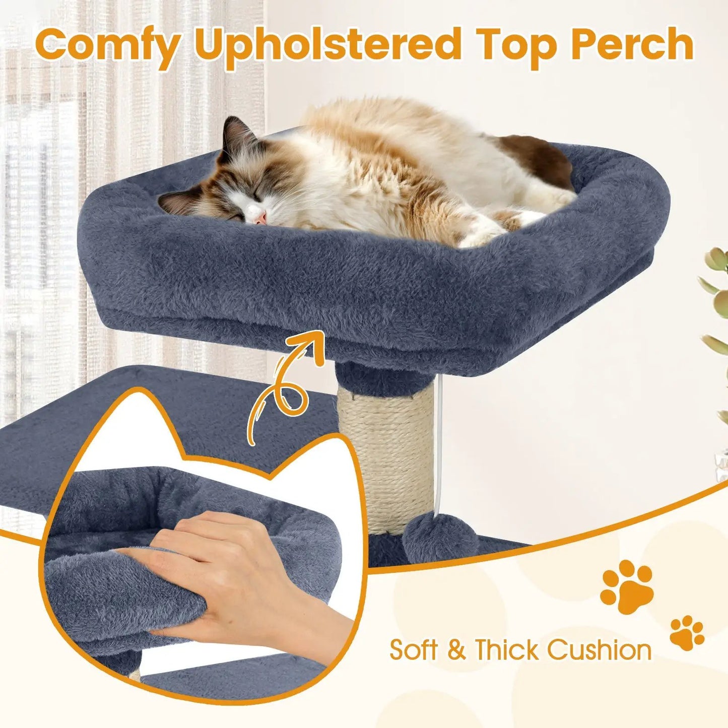 58 Inch Multi Level Cat Tree with padded blue top perch and sleeping cat DirectDeals on Tampa Home & Garden Store