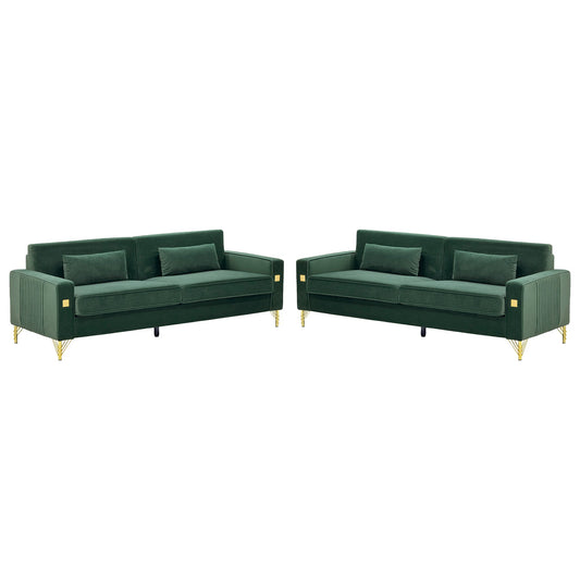Emerald green velvet 2-piece sofa set featuring two sofas with gold-tone legs and plush cushions on Tampa Home & Garden Store