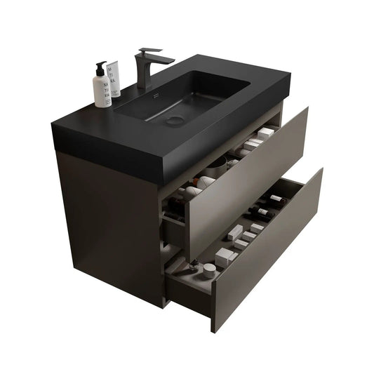 Alice bathroom vanity with sink, floating black unit, integrated basin, large drawers on Tampa Home & Garden Store