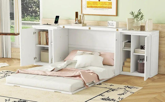 Full Murphy bed with white finish, built-in side shelves, USB ports, and a top display surface on Tampa Home & Garden Store