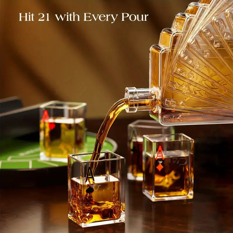 Poker Night Whiskey Decanter Set with Glasses pours amber whiskey into square glasses on Tampa Home & Garden Store