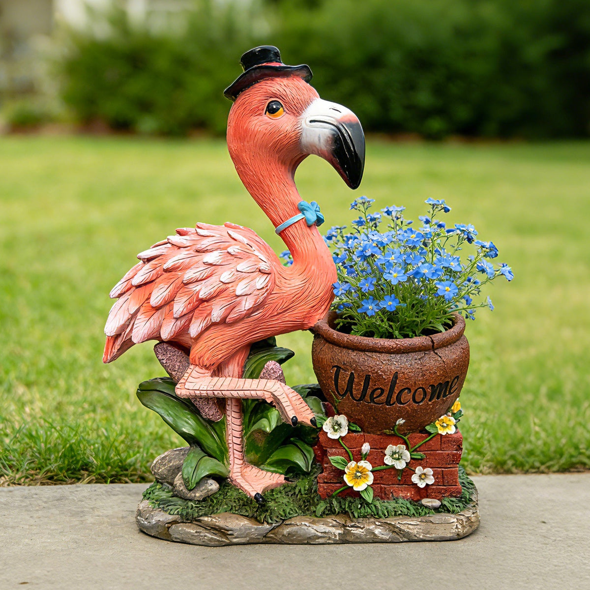 Flamingo garden sculpture flower planter pink with blue flowers HouseOfZazla Welcome on Tampa Home & Garden Store