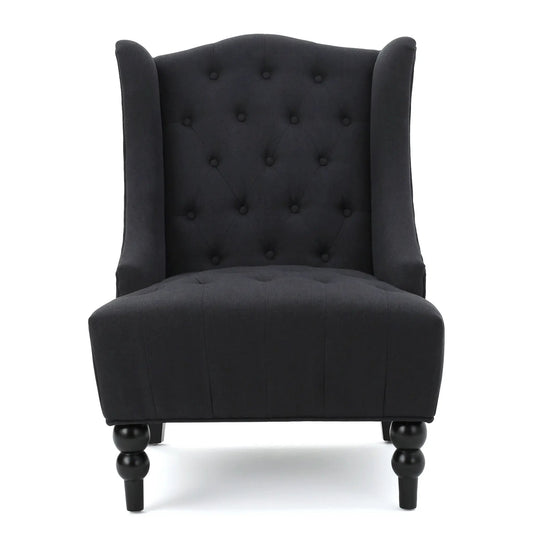 Toddman High Back Club Chair in charcoal fabric with tufted back and rolled arms, bun legs on Tampa Home & Garden Store