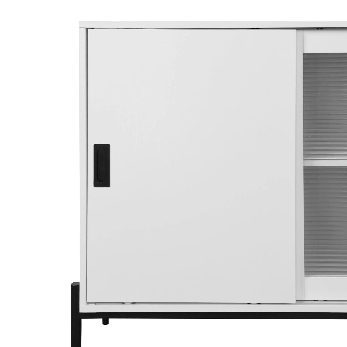White storage sideboard front with a black vertical handle and black metal base on Tampa Home & Garden Store