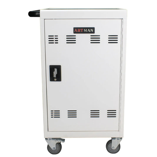 Mobile tablet charging cart, white metal cabinet with ARTMAN logo, caster wheels on Tampa Home & Garden Store