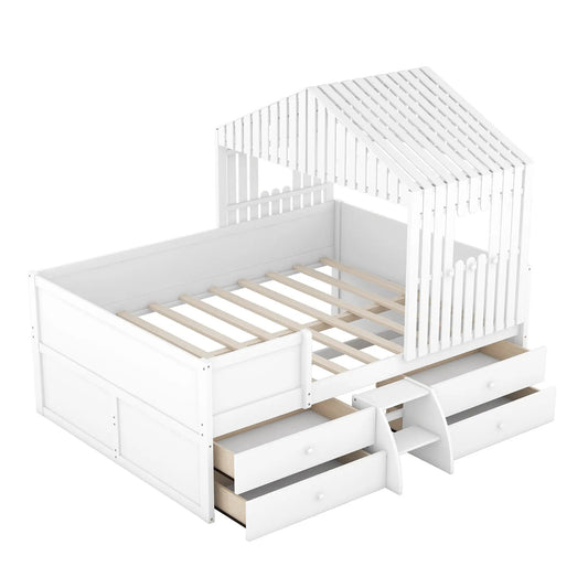 Full House Low Loft Bed with Four Drawers white, loft bed with four drawers on Tampa Home & Garden Store