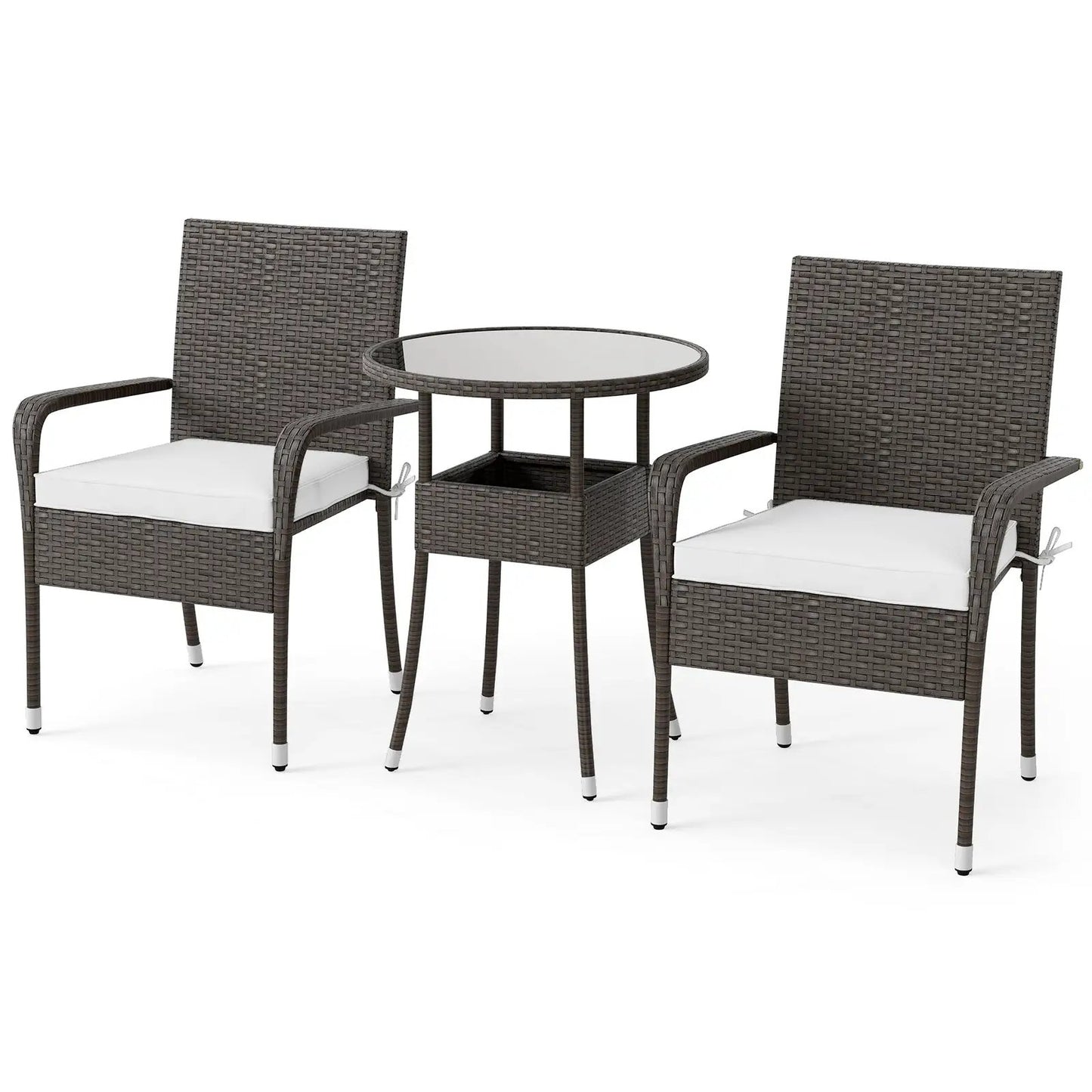Three-Piece PE rattan patio set with glass top table and two cushioned chairs in dark brown on Tampa Home & Garden Store