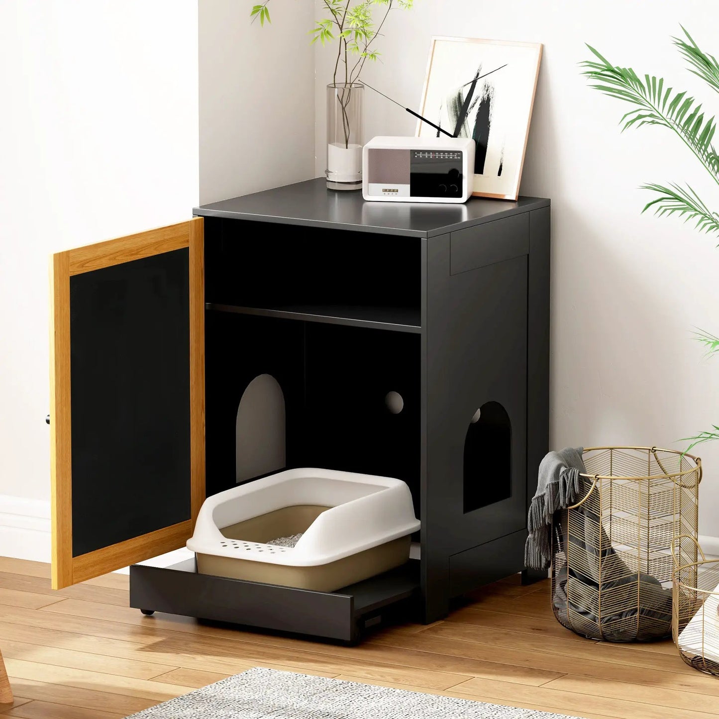 Cat Litter Box Enclosure End Table Cabinet Black with pull-out tray and round vent holes on Tampa Home & Garden Store