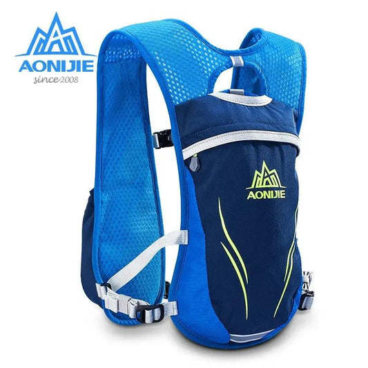 AONIJIE 5.5L Marathon Hydration Vest blue backpack with lime accents on breathable mesh straps on Tampa Home & Garden Store