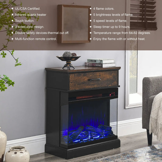 25 Inch Stand Side Table With Glass Fireplace