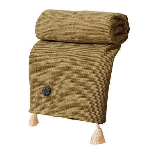 Women's khaki knit heated shawl with front control button and tassels on Tampa Home & Garden Store