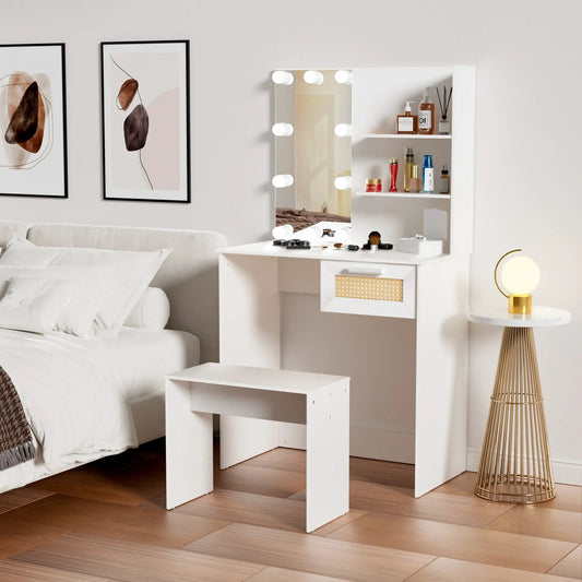 Vanity desk set with LED mirror and drawer stool, white finish, makeup storage shelves on Tampa Home & Garden Store