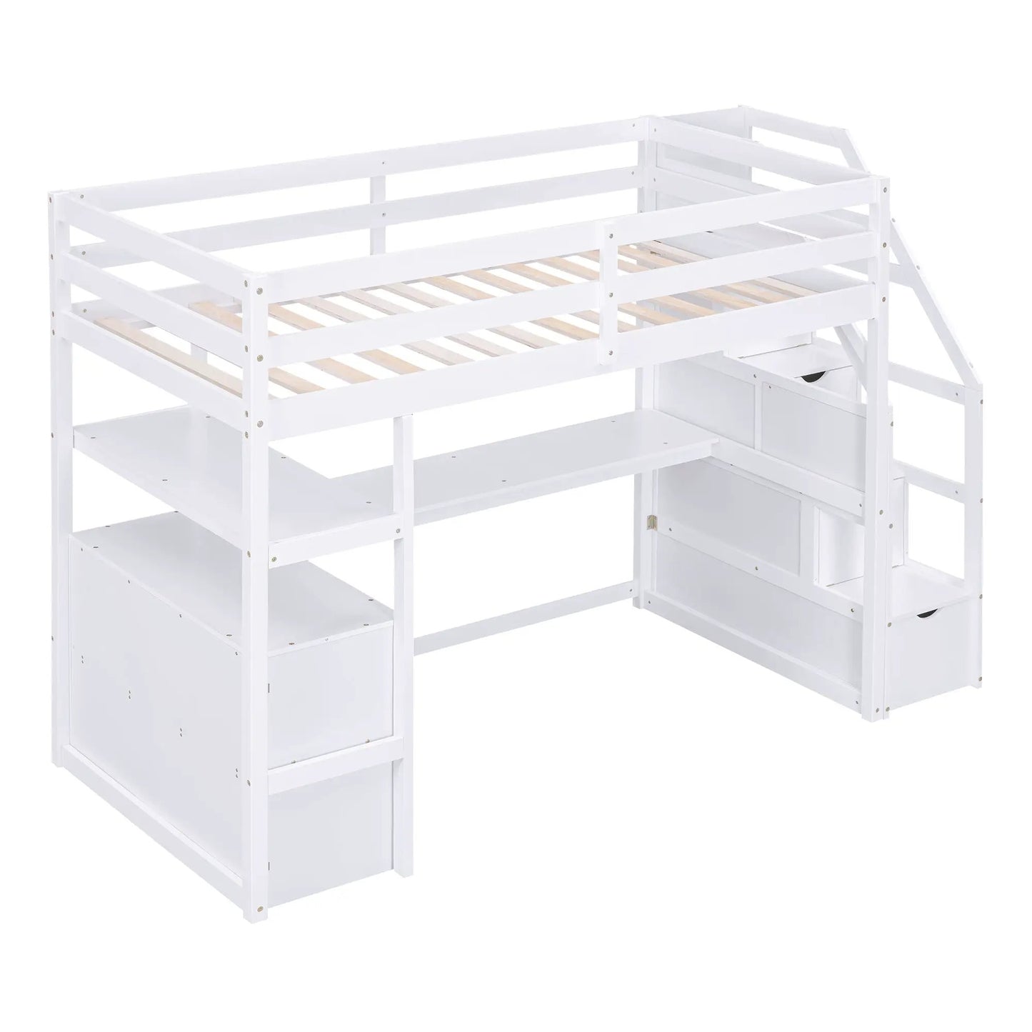 White twin loft bed with integrated desk, shelves and drawers, right-side ladder on Tampa Home & Garden Store