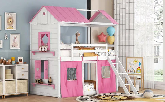 Twin Size Bunk Wood House Bed with Windows frame pink roof ladder pink curtain play area on Tampa Home & Garden Store