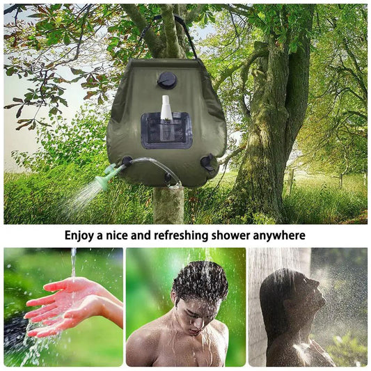 Portable Shower 20L Solar Heating Water Bag olive green with hose and shower head on Tampa Home & Garden Store