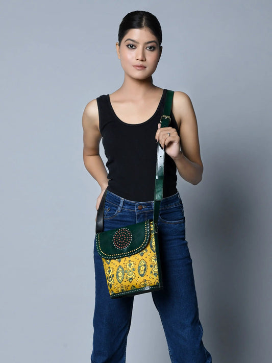 Vibrant Heritage Ajrakh Satchel Crossbody bag with green strap and yellow patterned panel on Tampa Home & Garden Store