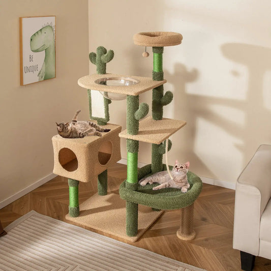 59 Inch Multilevel Cactus Cat Tree and Posts with green sisal posts, beige platforms on Tampa Home & Garden Store