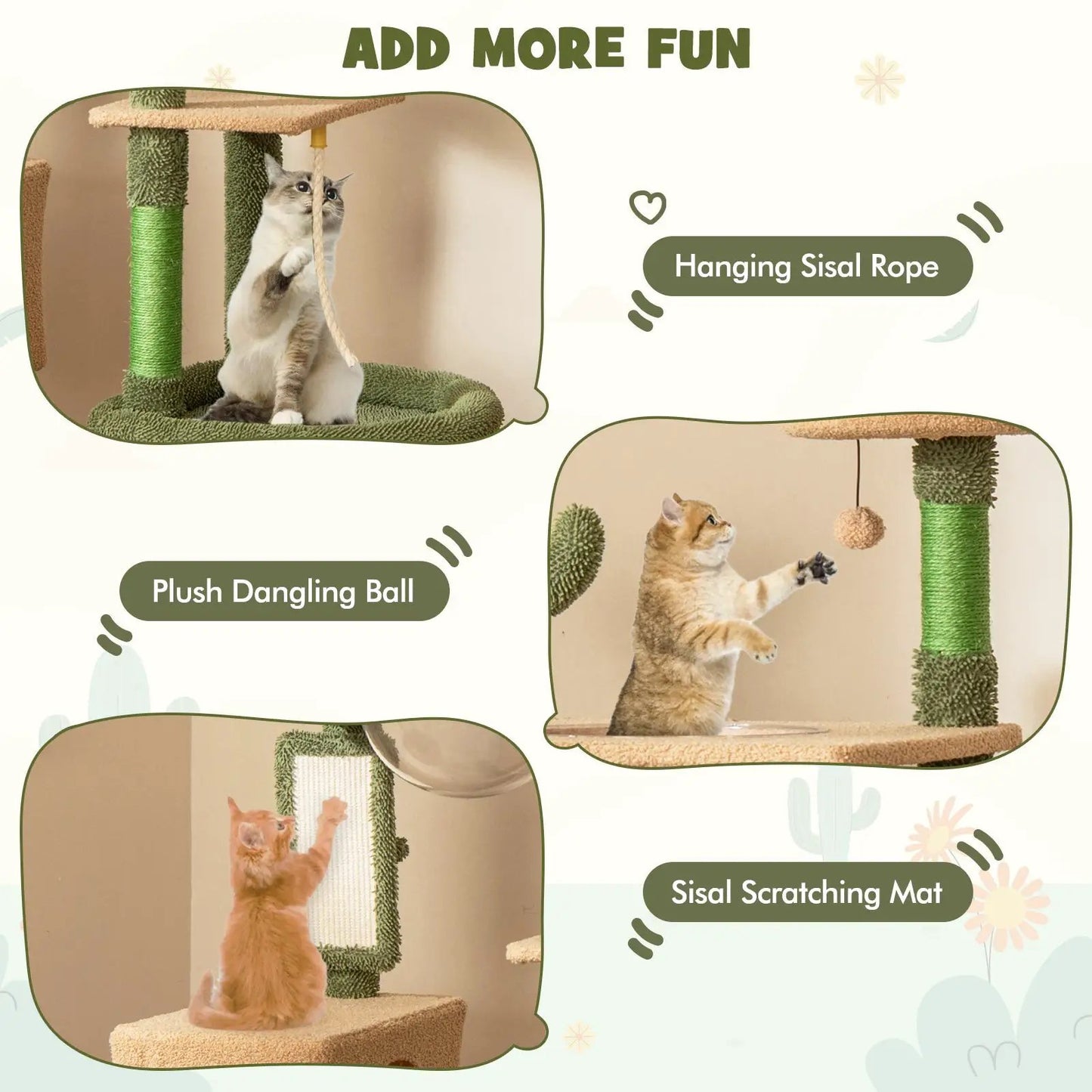 59 Inch Multilevel Cactus Cat Tree with green sisal rope posts and plush platforms on Tampa Home & Garden Store