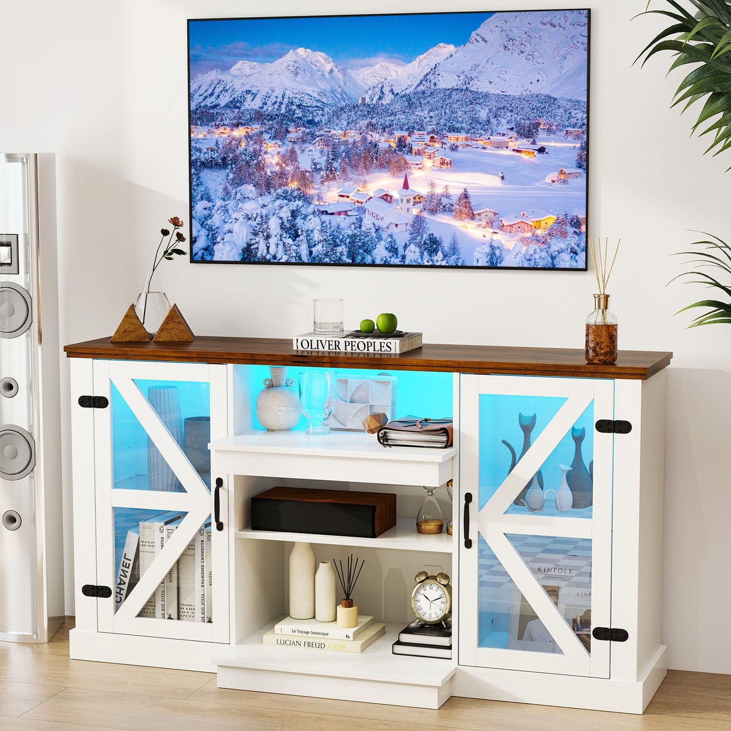 Mueble para TV de 59 Pulgadas con 3 Niveles de Estantes y 22 Modos Dinámicos - Blanco