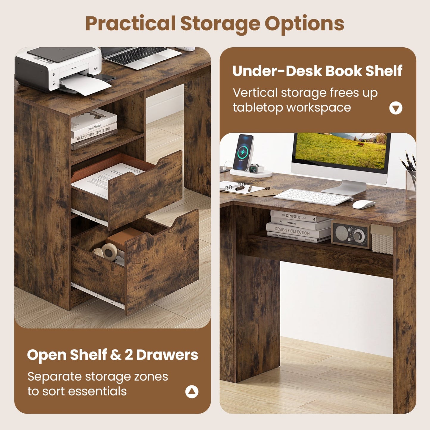 59in L-shaped executive desk with power outlets and storage in dark wood finish DirectDeals on Tampa Home & Garden Store