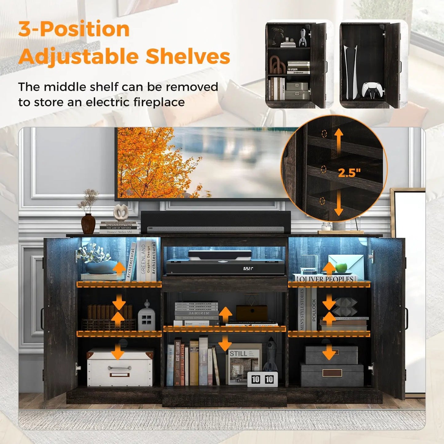 58 Inches TV stand for TVs up to 65 Inches with 20 Color Led Lights-Coffee - Tampa Home & Garden Store