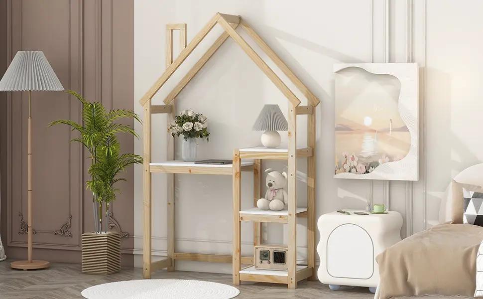 House-shaped kids desk with storage shelves in natural wood on Tampa Home & Garden Store