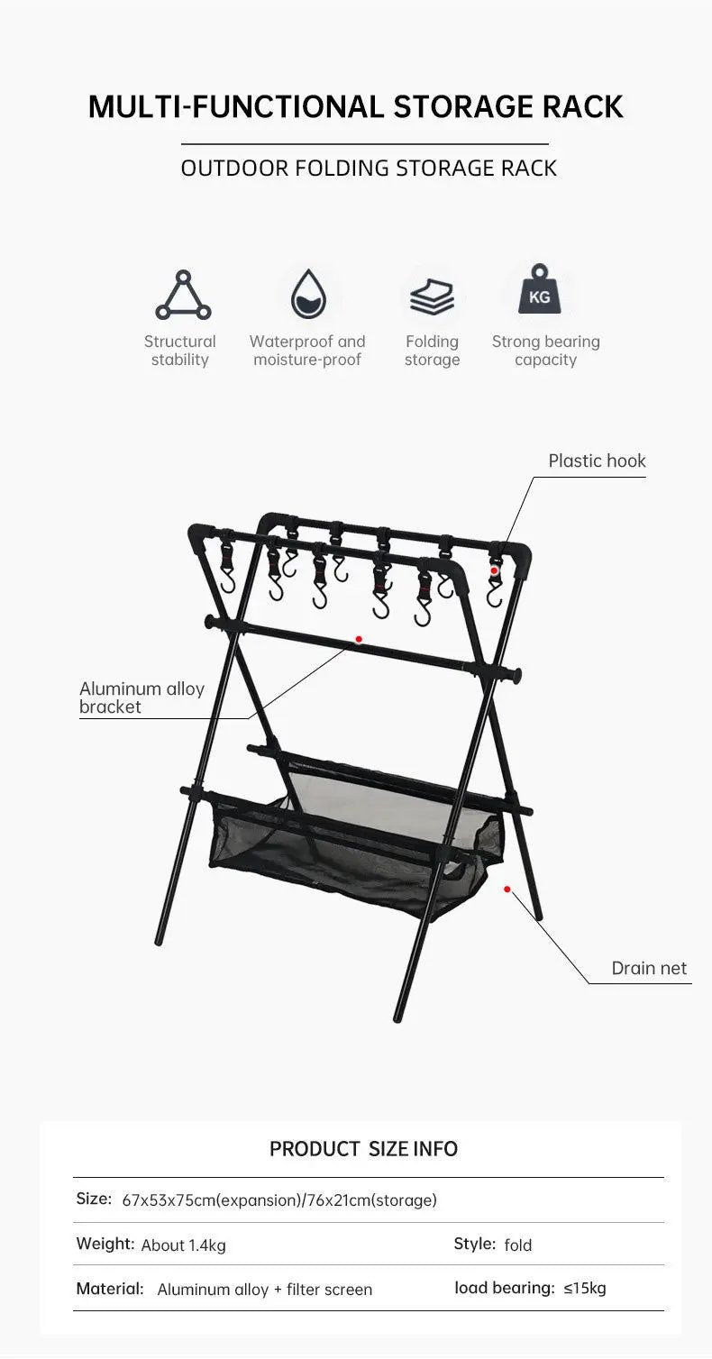 Outdoor folding camping shelf with mesh rack, aluminum alloy bracket, hooks, drain net, black on Tampa Home & Garden Store