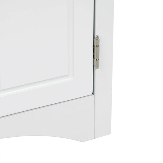 White triangle bathroom cabinet with shelves, exposed metal hinge on right edge on Tampa Home & Garden Store