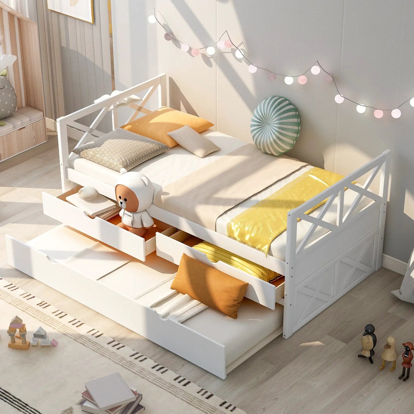 White multi-functional daybed with under-bed drawers, yellow bedding, green striped pillow on Tampa Home & Garden Store
