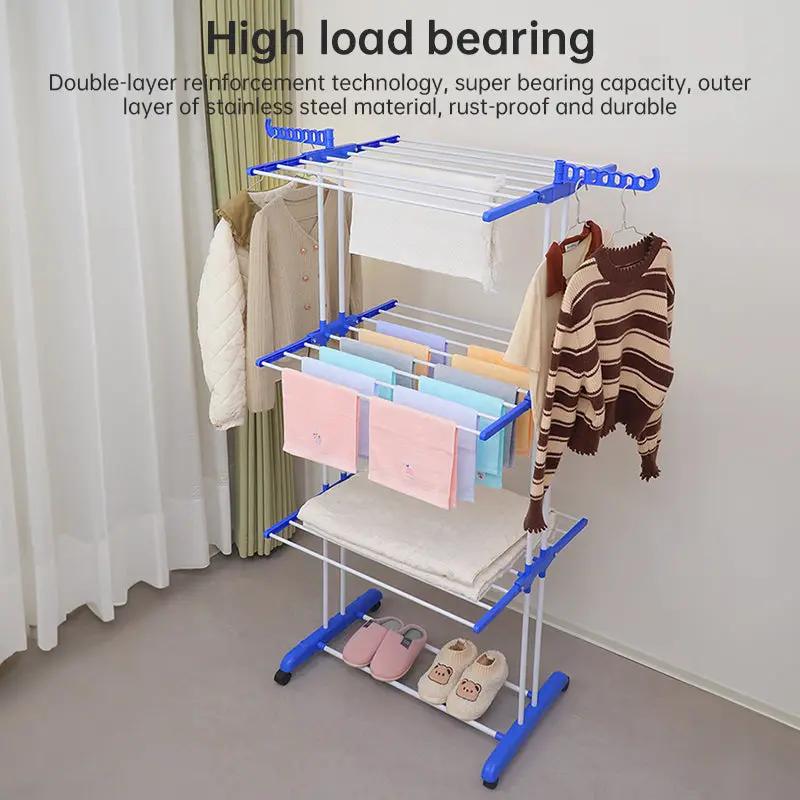 Folding blue clothes rack for drying and storage with dual poles and tiered shelves on Tampa Home & Garden Store