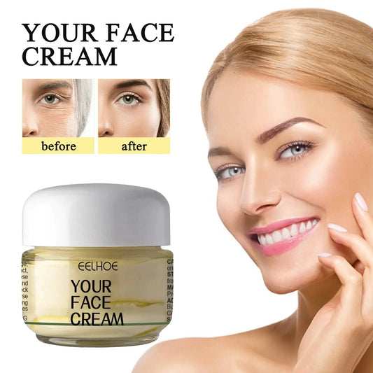 Deep Anti Wrinkle Cream for Brightening Skin EELHOE bottle with white cap; before/after model on Tampa Home & Garden Store