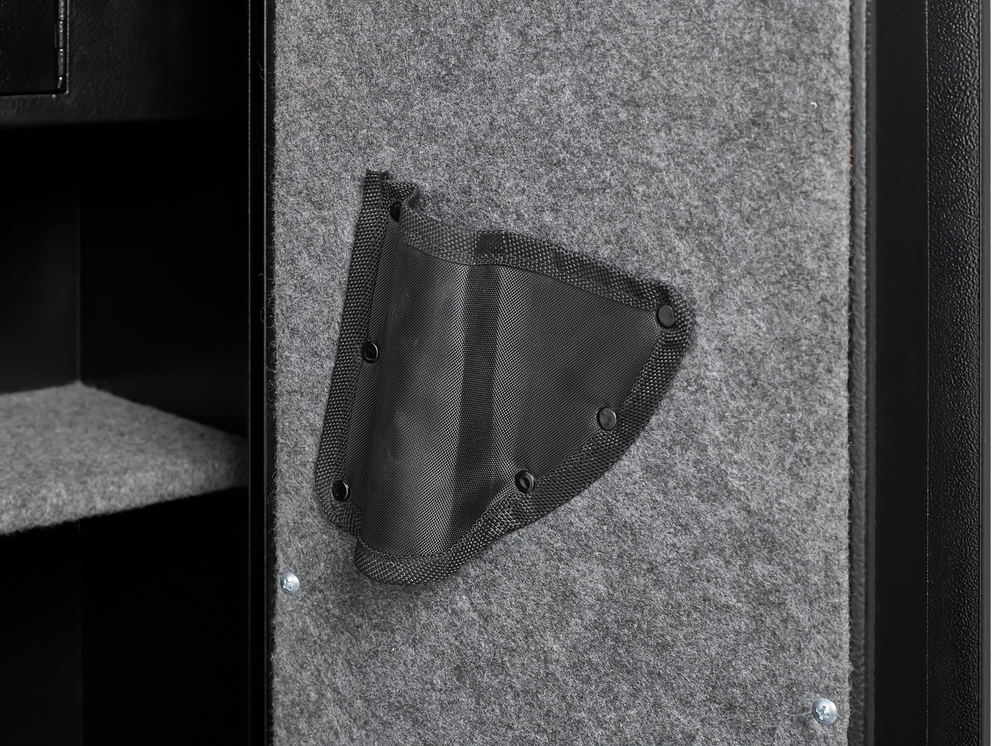Biometric fingerprint key holster in black nylon attached to gray felt inside a safe on Tampa Home & Garden Store