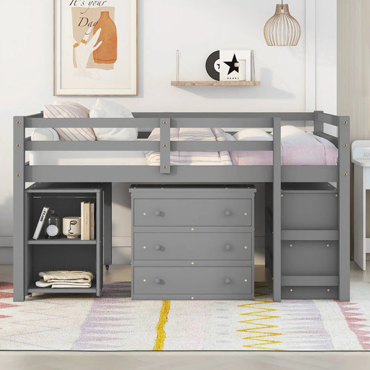 Low study loft bed with cabinet shelves and desk in gray metal frame on Tampa Home & Garden Store