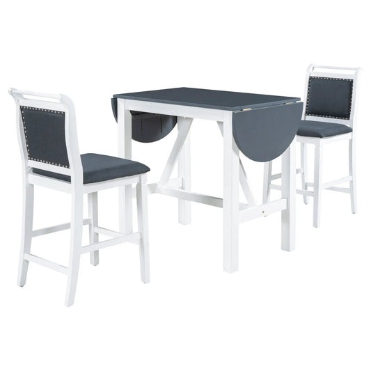 Topmax wood counter height table set with two white-framed dark blue upholstered chairs on Tampa Home & Garden Store