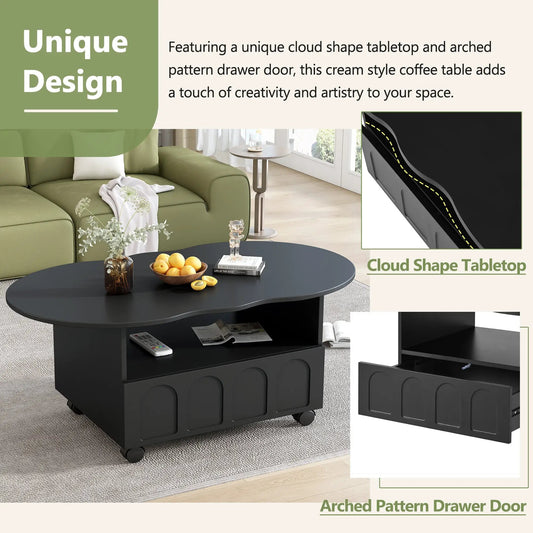 On-Trans cream coffee table with 2 brake wheels, cloud shape top and arched drawer doors on Tampa Home & Garden Store