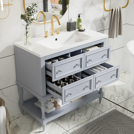 Blue 36-inch freestanding vanity with white sink and gold hardware by VIP Digital Presence on Tampa Home & Garden Store