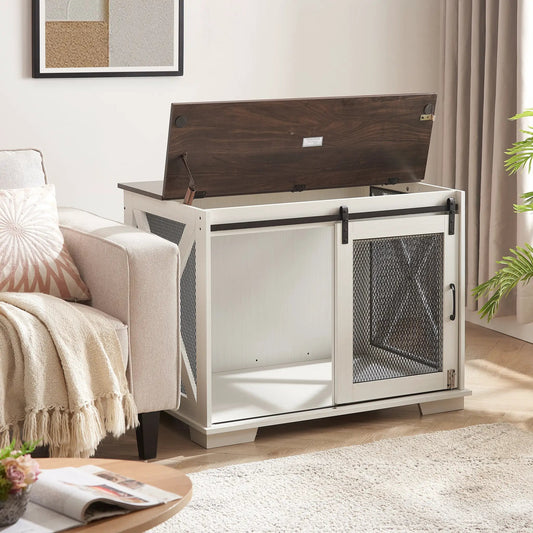 Farmhouse Dog Cage Crate with sliding barn door, dark wood top over white frame and metal mesh sides in living room on Tampa Home & Garden Store