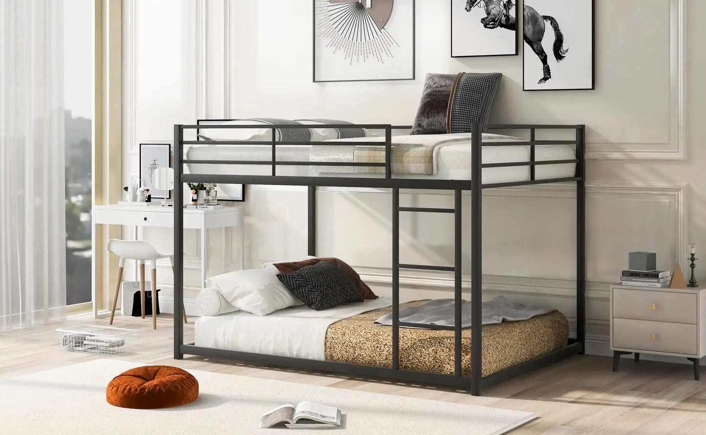 Full over full black metal bunk bed with ladder, low-profile design on Tampa Home & Garden Store