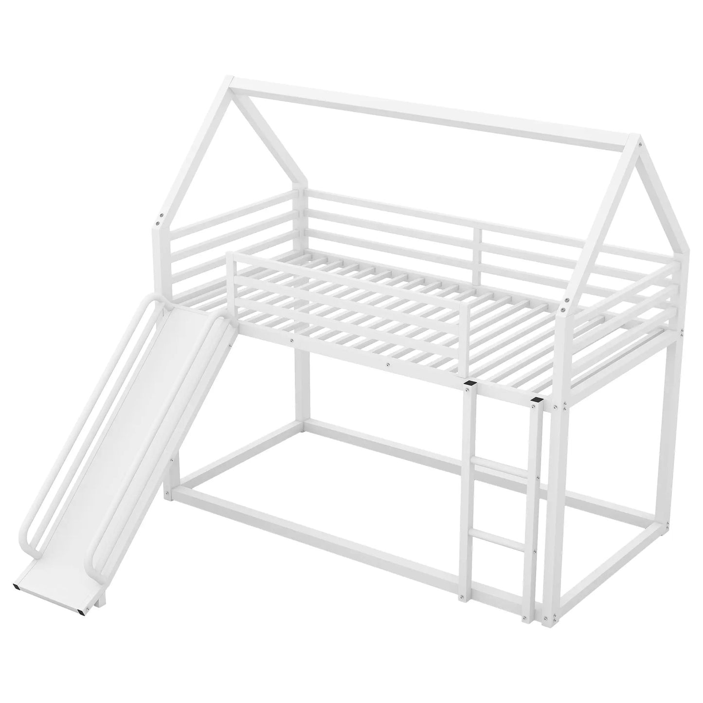 Twin over twin bunk bed with ladder and slide, white house-frame design on Tampa Home & Garden Store