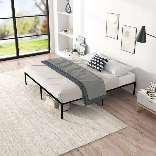 King Size Metal Bed Frame Black Steel with slim black legs in a modern white bedroom on Tampa Home & Garden Store