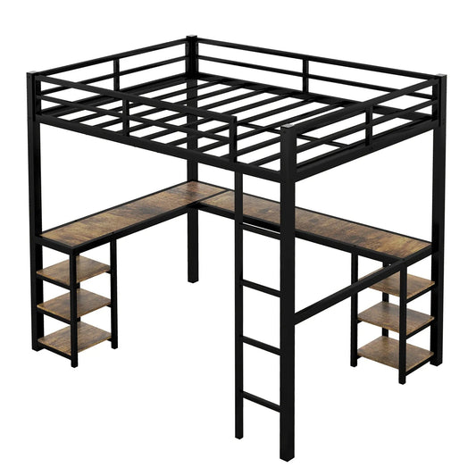 Full metal loft bed with desk and side wood shelves in black finish on Tampa Home & Garden Store