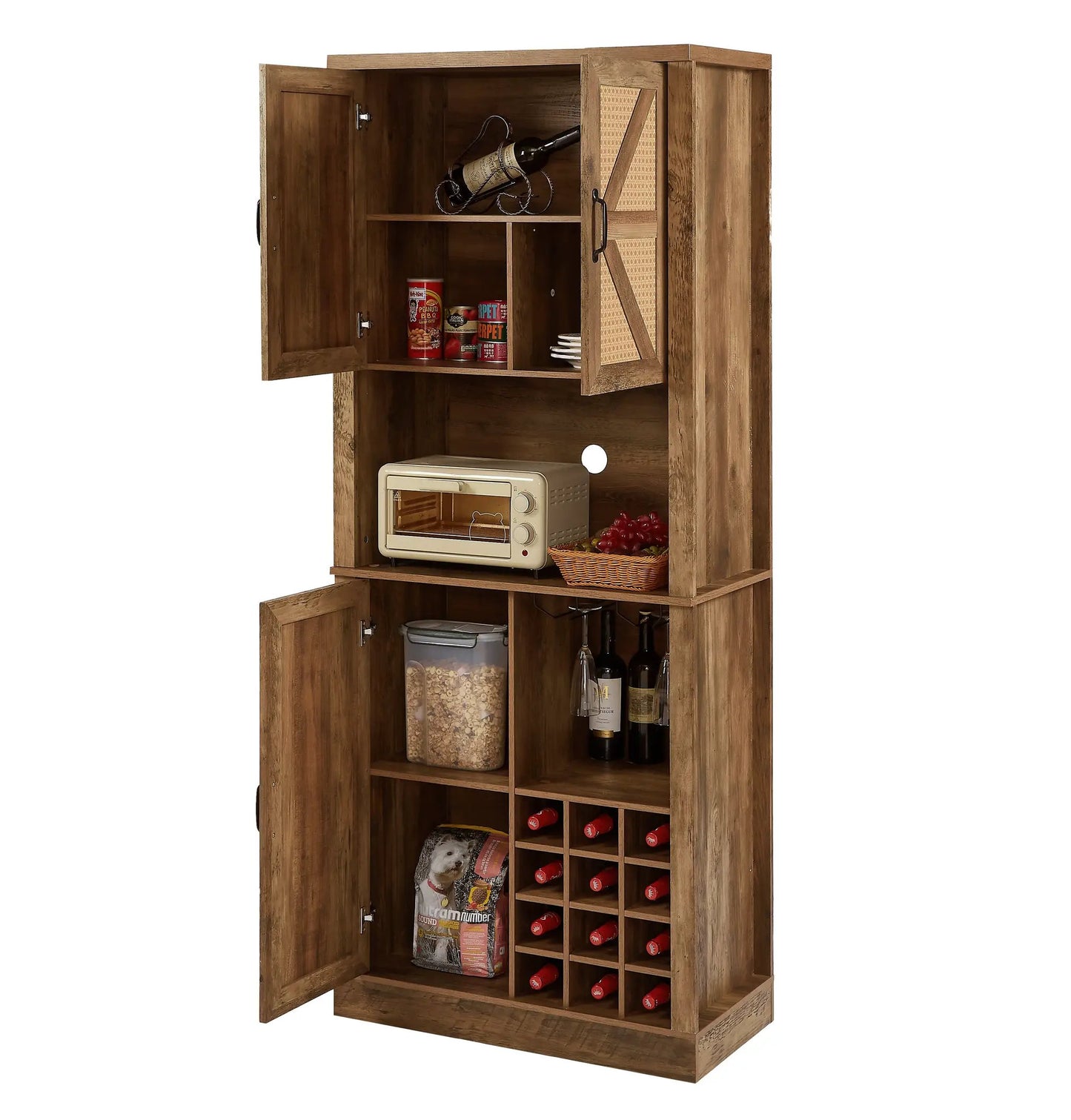 76 Inch Rustic Oak Farmhouse Kitchen Cabinet with wine rack and shelves on Tampa Home & Garden Store
