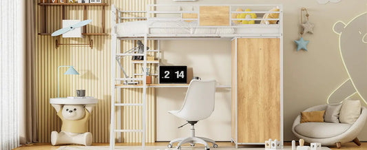 Twin Size Loft Bed with L-Shape Desk and Wardrobe in white metal frame with wood accents on Tampa Home & Garden Store