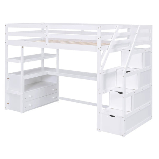 Twin loft bed with desk and drawers in white, with built-in stairs on Tampa Home & Garden Store